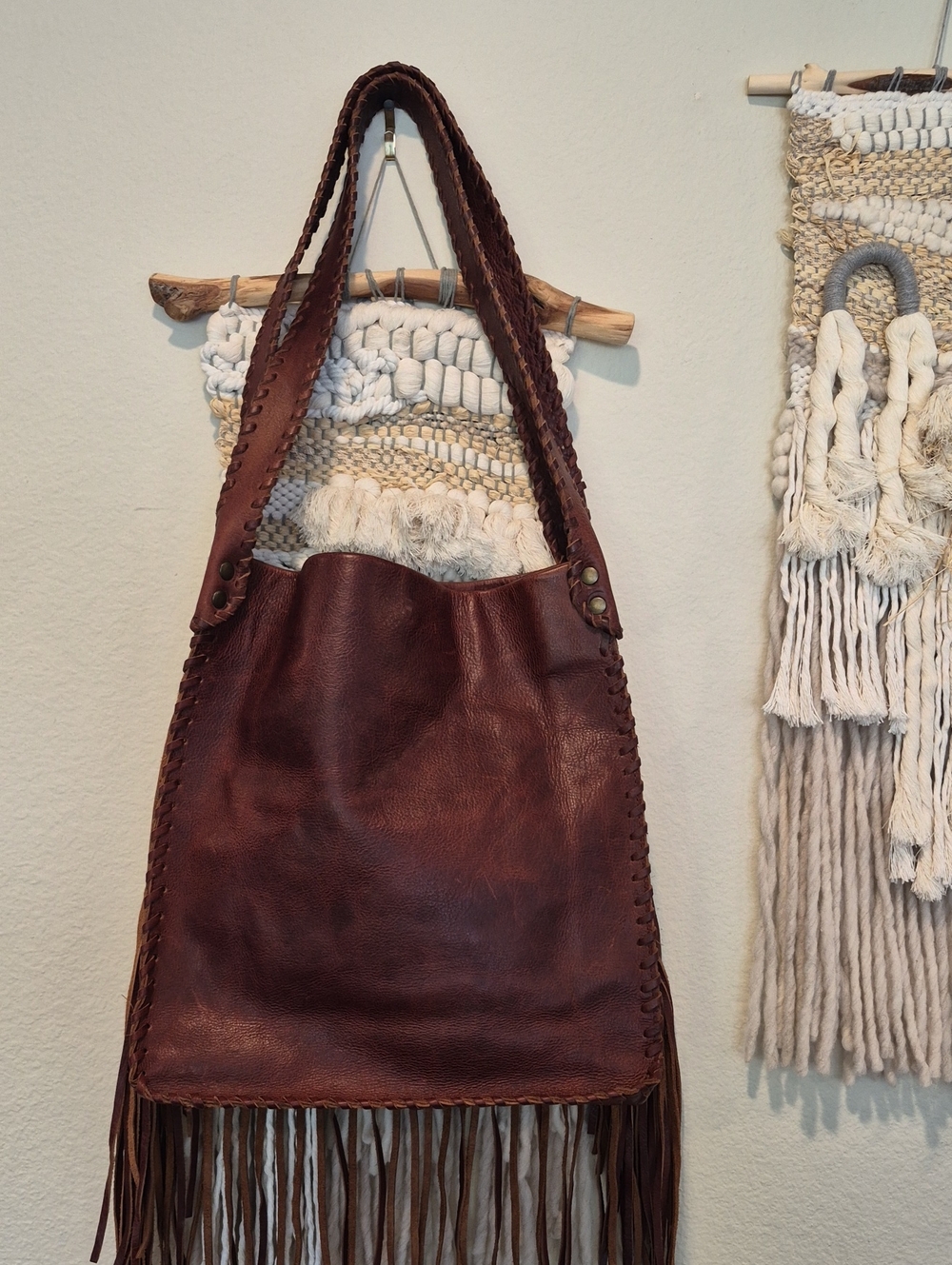 Raj Anthropologie Dark Brown Fringe Studded Whipstitch Leather Shoulder Bag - Picture 2 of 15